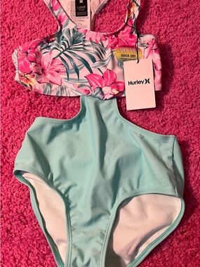 Hurley Teal and Pink Tropical One-Piece Swimsuit